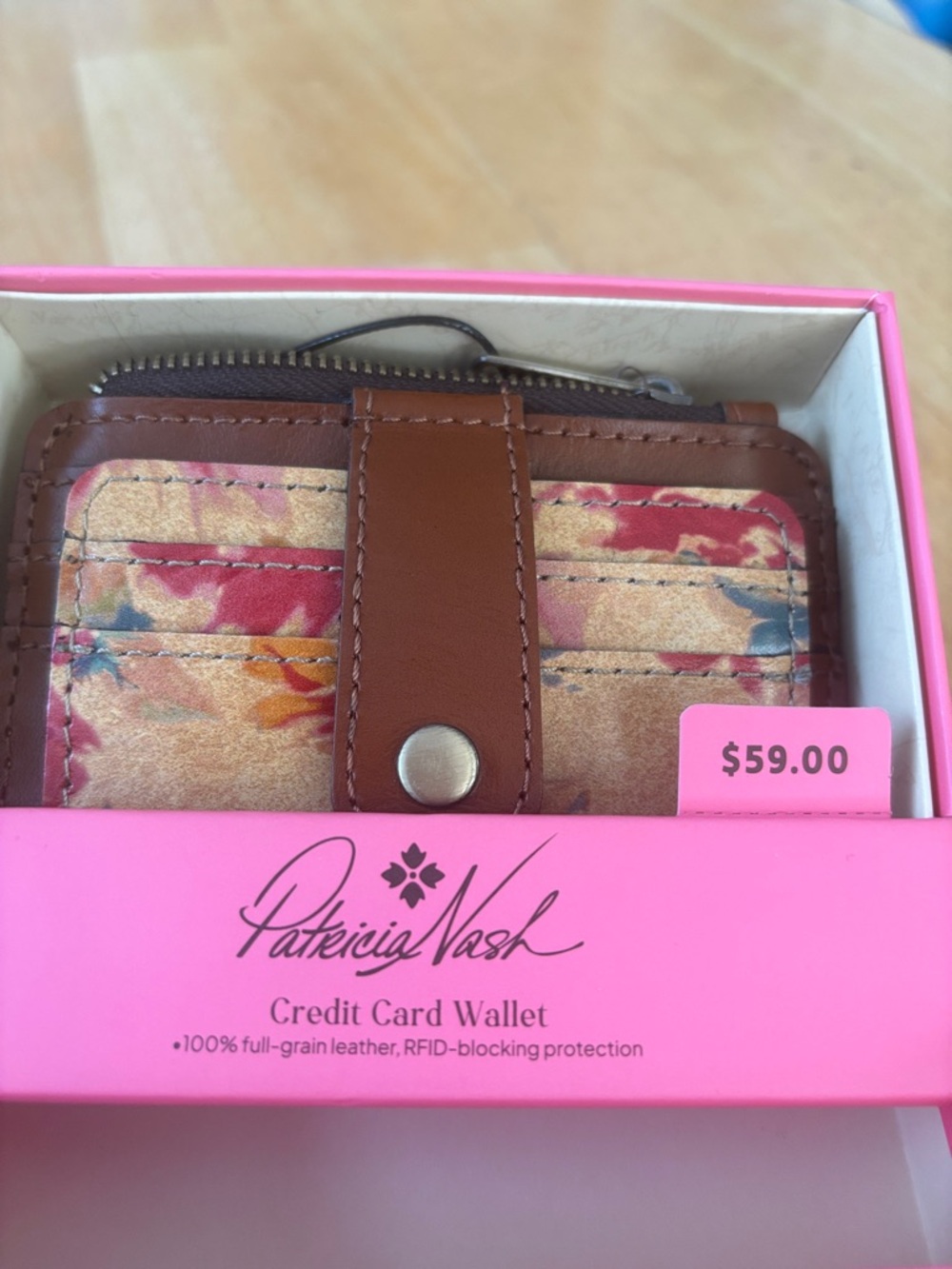 Patricia Nash Brown Leather Floral Card Wallet with Pink Accents